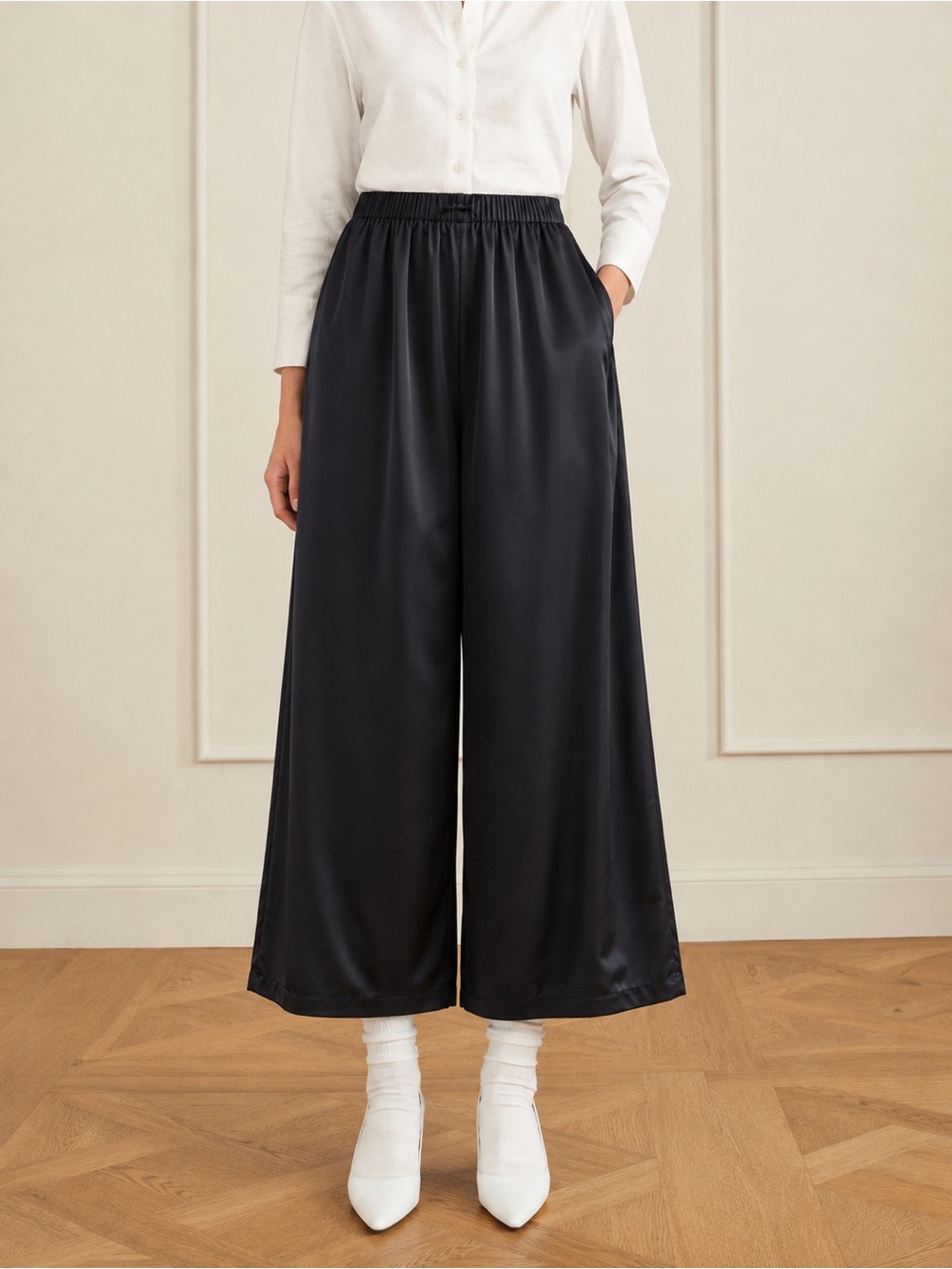 Eileen Fisher Satin Wide Leg Cropped Culottes Organic Cotton Pants Black L